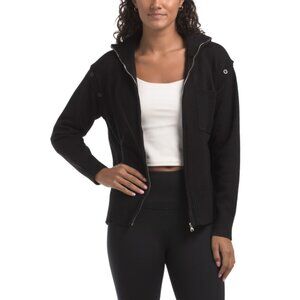 METRIC KNITS Black Zip Front Mock Neck Cardigan With Button Off Long Sleeves